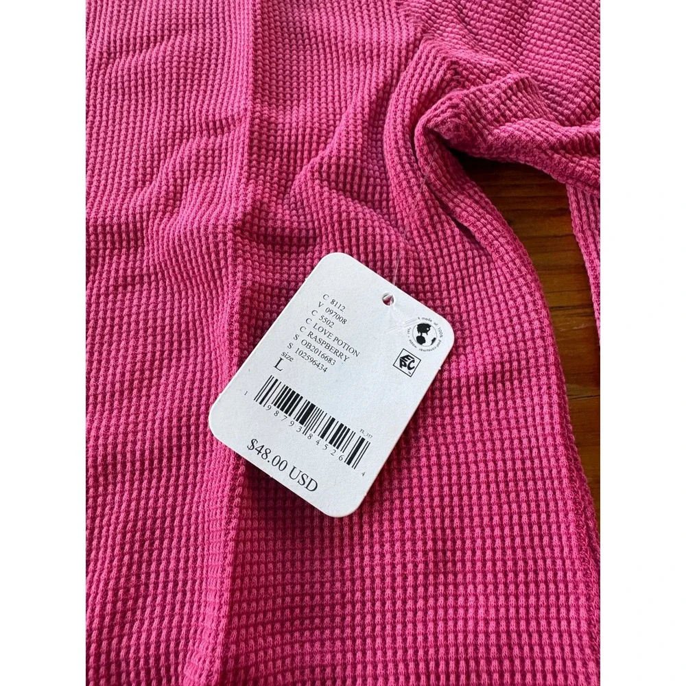 Free People  Easy Does It Long Sleeve Tee Raspberry Pink Large New NWT Waffle